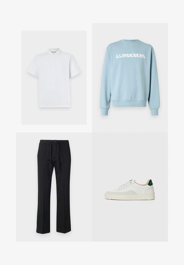 Hellblauer Pullover aus weichem Stoff, mit einem weißen Logodruck auf der Vorderseite, rundem Ausschnitt sowie gerippten Bündchen und Saum.; Weißes Polohemd aus Baumwolle, mit klassischem Kragen, kurzen Ärmeln und einer Knopfleiste mit drei Knöpfen. Glatte Textur, keine Muster.; Schwarze Jogginghose mit einem Kordelzugbund, flacher Vorderseite und geraden Beinen. Mit grünen Akzenten entlang der Seitennähte. Weiche Stoffbeschaffenheit.; Weiße Sneaker mit Wildlederelementen, runder Zehenpartie, flachen Schnürsenkeln und einer cremefarbenen Gummisohle. Mit grünen Markenlogo am Fersenbereich.