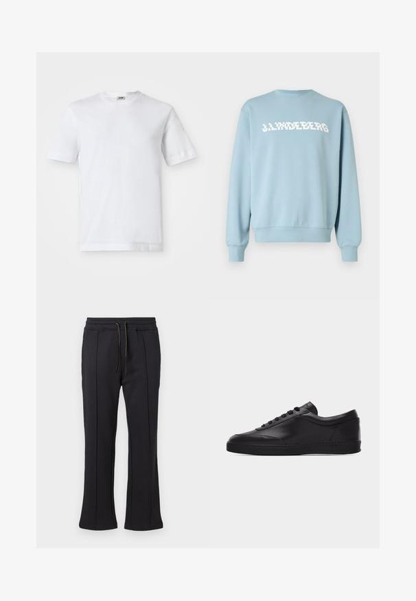 Sudadera azul claro hecha de tela suave, con un estampado de logo blanco en el frente, cuello redondo y puños y dobladillo acanalados.; Camiseta de algodón blanca con mangas cortas, escote redondo y una textura suave. No se observan patrones ni detalles.; Pantalones de chándal negros con un diseño de pierna acampanada, que cuentan con dos bolsillos laterales con cremallera y una cinturilla ajustable con cordón. Textura suave y mínima marca.; Zapatilla baja negra de cuero con cordones en la parte delantera y suela plana de goma, mostrada de perfil sobre un fondo blanco liso.