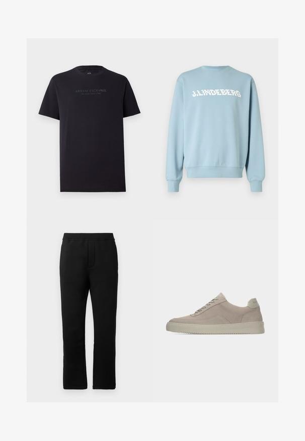 Sweatshirt bleu clair en tissu doux, avec un logo blanc imprimé sur le devant, col rond et poignets et ourlet côtelés.; T-shirt en coton noir à manches courtes, col rond et légèrement ample. Présente le texte "ARMANI EXCHANGE MILANO / NEW YORK" en gris foncé.; Pantalons de survêtement noirs avec une texture lisse, ceinture élastique et deux poches latérales. Design à jambes droites avec une finition soignée.; Baskets en daim beige avec une finition texturée, un bout arrondi et des lacets ton sur ton. Elles présentent une semelle en caoutchouc épaisse et un branding discret sur le talon.