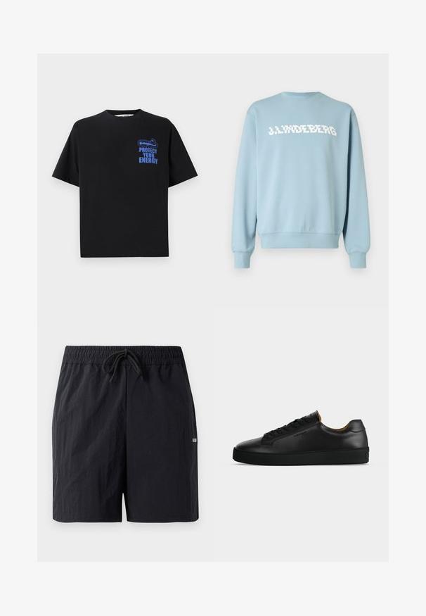 Lyseblå sweatshirt lavet af blødt stof med et hvidt logo tryk på forsiden, rund halsudskæring og ribstrikkede ærmeafslutninger og kant.; Sort bomulds t-shirt med korte ærmer, der har blå tekst "BESKYT DIN ENERGI" og et grafisk design på den øverste venstre side.; Sorte badeshorts lavet af struktureret stof, med elastisk talje med snor og et lille logo på siden.; Sort lavtopet læder-sneaker med sorte snørebånd, tekstureret gummisål og lille præget logo på siden, vist i profil mod grå baggrund.