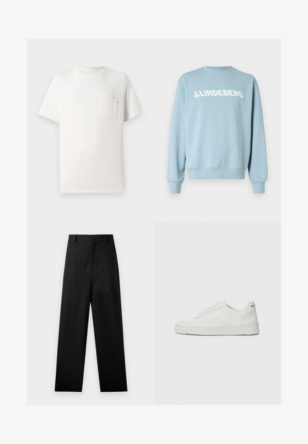 Lyseblå sweatshirt lavet af blødt stof med et hvidt logo tryk på forsiden, rund halsudskæring og ribstrikkede ærmeafslutninger og kant.; Hvid bomulds t-shirt med korte ærmer, rund hals og brystlomme. Glat tekstur og minimalistisk design. Ingen synlige mønstre eller accenter.; Sorte bukser lavet af bomuld med lige ben-design, der har en frontknaplukning og sidelommer. Glat tekstur, ingen mønstre.; Hvide lædersneakers med en glat overflade, rund tå, flade snørebånd og en tekstureret sål. Har et diskret logo på hælen.