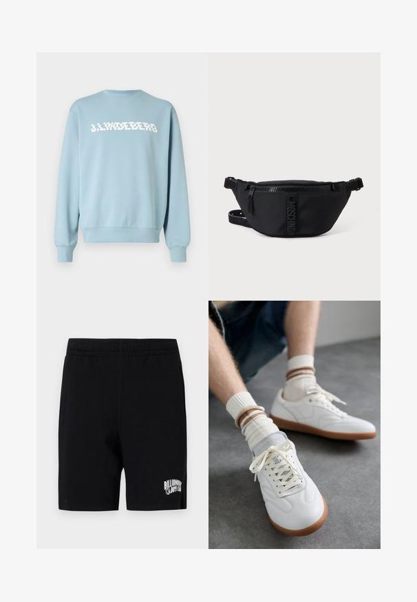 Hellblauer Pullover aus weichem Stoff, mit einem weißen Logodruck auf der Vorderseite, rundem Ausschnitt sowie gerippten Bündchen und Saum.; Schwarze Shorts aus weichem Baumwollmix mit einem elastischen Bund, versehen mit einem weißen Logo auf dem linken Bein und Seitentaschen.; Weiße Ledersneaker mit glatter Textur, grauen Wildlederelementen, beigen Gummisohlen und flachen Schnürsenkeln. Kombiniert mit cremefarbenen und braun gestreiften Socken.; Schwarze Moschino Bauchtasche mit Frontreißverschluss und verstellbarem Riemen auf einfachem hellem Hintergrund.