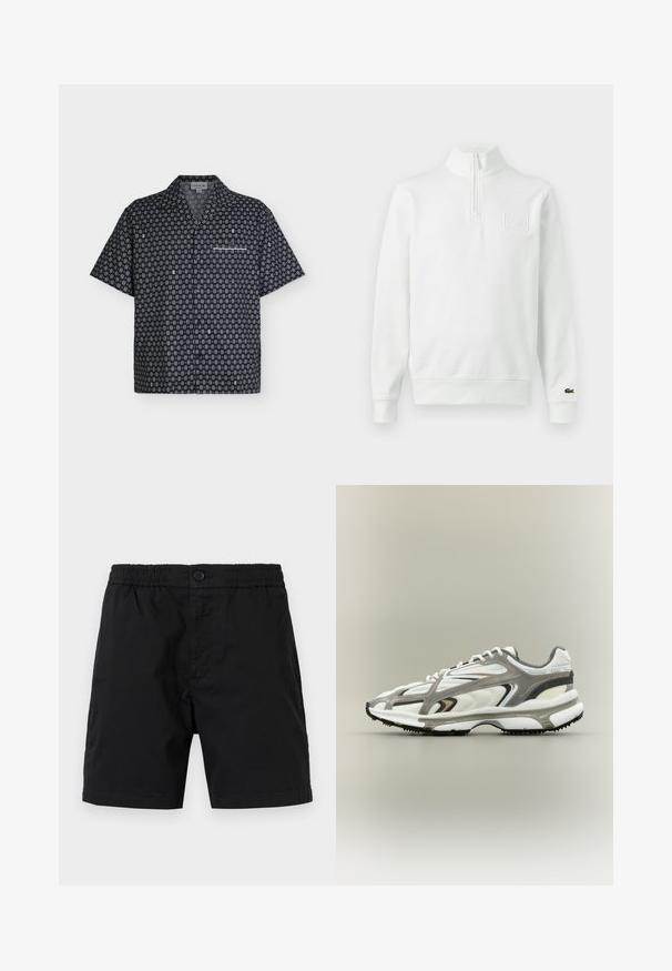 Sweat-shirt blanc à manches longues avec fermeture éclair au quart, col montant, poignets et ourlet côtelés, logo Lacoste sur le poignet et écusson sur la poitrine à l'avant.; Chemise noire à manches courtes avec boutons, petit motif géométrique blanc, col camp et détail de poche poitrine.; Shorts noirs pour hommes avec taille élastique, fermeture à bouton et longueur mi-cuisse, présentés sur un fond neutre.; Chaussure de sport avec une tige en mesh blanc, des accents gris, une semelle en caoutchouc noire et un design épuré. Elle présente des lacets et des détails texturés.