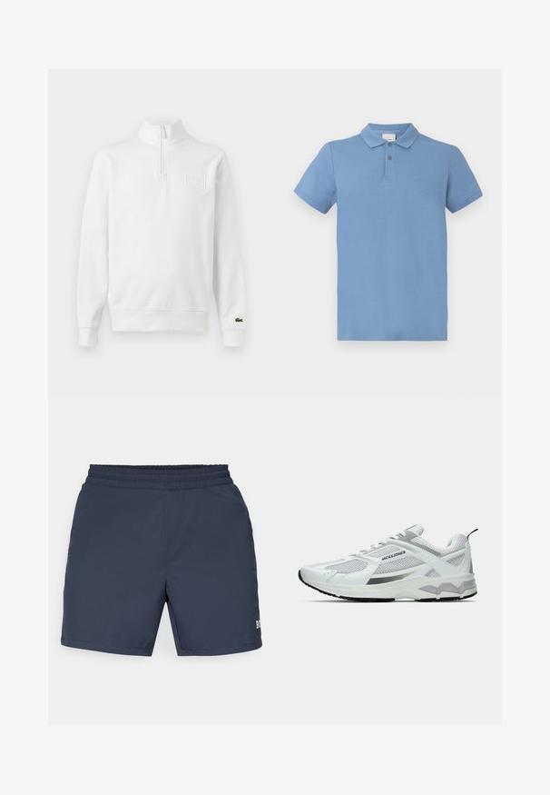 Witte lange mouw quarter-zip sweatshirt met opstaande kraag, geribde manchetten en zoom, Lacoste-logo op de manchetten en een borstpatch aan de voorkant.; Lichtblauw poloshirt van katoen, met een drieknops sluiting, korte mouwen en een subtiel geborduurd logo op de borst.; Navyblauwe zwemboxers van lichtgewicht materiaal; voorzien van een elastische tailleband en een klein logodetail aan de onderkant rechts.; Witte sportieve schoenen van mesh en synthetische materialen, met zilveren accenten, een gestructureerde zool en een vetersluiting.