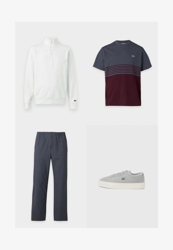 Sweat-shirt blanc à manches longues avec fermeture éclair au quart, col montant, poignets et ourlet côtelés, logo Lacoste sur le poignet et écusson sur la poitrine à l'avant.; T-shirt à manches courtes et col rond avec haut gris foncé, bas bordeaux, rayures horizontales et petit logo crocodile vert sur la poitrine.; Pantalon droit gris foncé avec taille élastique et fermeture par boutons à l'avant sur un fond uni clair.; Lacoste COURT SET 225 - Baskets basses - grey/off white