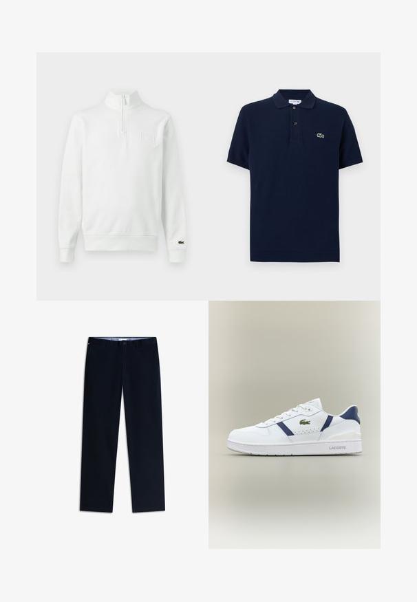 Sudadera blanca de manga larga con cremallera parcial y cuello alto, puños y bajo acanalados, logo de Lacoste en el puño y parche en el pecho en la parte frontal.; Polo de manga corta azul marino con una tapeta de dos botones y pequeño logo de cocodrilo verde en el pecho izquierdo.; Pantalones azul marino oscuro de pierna recta con trabillas para cinturón y cierre de botón, mostrados de frente sobre un fondo blanco.; Zapatilla Lacoste blanca con acentos en azul marino, logo de cocodrilo verde, diseño de cordones y suela de marca sobre fondo neutro.
