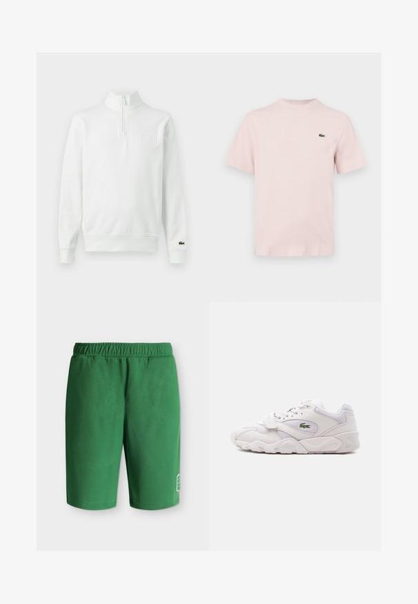 Sweat-shirt blanc à manches longues avec fermeture éclair au quart, col montant, poignets et ourlet côtelés, logo Lacoste sur le poignet et écusson sur la poitrine à l'avant.; T-shirt rose clair uni à manches courtes avec un petit logo crocodile vert sur le côté gauche de la poitrine, présenté sur un fond blanc.; Shorts décontractés verts avec taille élastique et petit logo blanc près du bas de la jambe gauche sur un fond uni.; Baskets blanches de sport avec lacets et sangle Velcro, arborant un logo de crocodile vert sur le côté et une semelle épaisse et texturée.