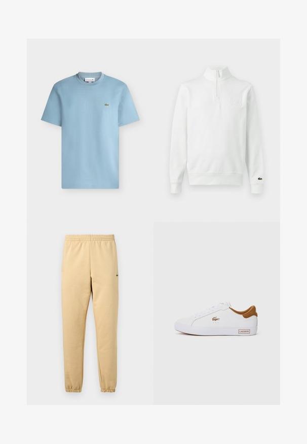 Sweat-shirt blanc à manches longues avec fermeture éclair au quart, col montant, poignets et ourlet côtelés, logo Lacoste sur le poignet et écusson sur la poitrine à l'avant.; T-shirt bleu clair à manches courtes et col rond avec un petit logo crocodile vert sur le côté gauche de la poitrine.; Pantalon de jogging beige avec taille élastique et poignets, arborant un petit logo crocodile vert brodé sur la cuisse droite.; Baskets blanches avec une surface lisse, accent de talon en daim marron, fermeture à lacets, et logo Lacoste doré sur le côté. Semelle en caoutchouc, design bas.