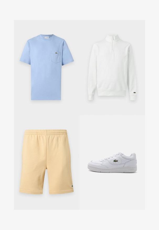 Sweat-shirt blanc à manches longues avec fermeture éclair au quart, col montant, poignets et ourlet côtelés, logo Lacoste sur le poignet et écusson sur la poitrine à l'avant.; T-shirt bleu clair à manches courtes avec une poche avant ornée d'un petit logo crocodile vert Lacoste.; Shorts décontractés beige avec taille élastique et petit logo vert brodé en bas de la jambe droite.; Baskets en cuir blanc avec un bout perforé et un logo crocodile vert sur le côté extérieur. Comprend une semelle plate et un design à lacets.