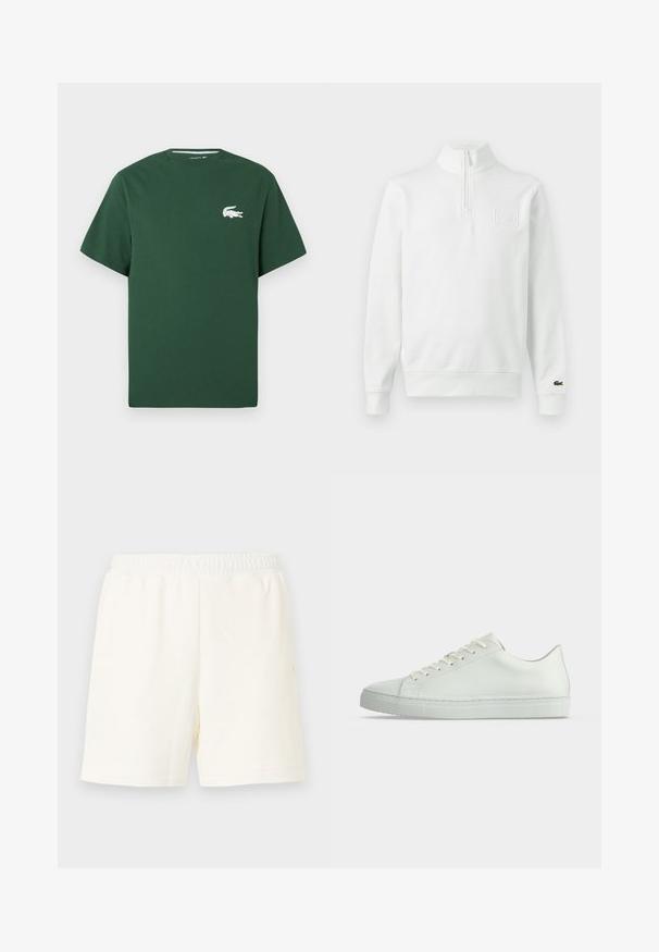 Biely dlhorukávový mikinový sveter s polovičným zipsom, stojacím golierom, rebrovanými manžetami a lemom, logom Lacoste na manžete a nášivkou na prednej strane.; Zelené bavlnené tričko s krátkymi rukávmi, okrúhlym výstrihom a bielym logom krokodíla na ľavej hrudi. Hladká textúra, neformálny dizajn.; Krémové krátke nohavice po kolená s elastickým pásom bez viditeľných vreciek, zobrazené na jednoduchom svetlom pozadí.; Biely nízky teniska s šnúrkami, hladkým koženým zvrškom a plochou gumovou podrážkou, zobrazená z boku na jednoduchom pozadí.