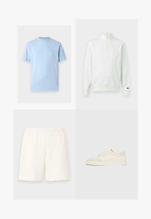 Sweat-shirt blanc à manches longues avec fermeture éclair au quart, col montant, poignets et ourlet côtelés, logo Lacoste sur le poignet et écusson sur la poitrine à l'avant.; T-shirt en coton bleu clair à manches courtes avec col rond et petit logo brodé sur la poitrine gauche, présenté sur un fond blanc.; Shorts à genoux de couleur blanc cassé avec une ceinture élastique et sans poches visibles, présentés sur un fond clair uni.; Baskets en daim blanc à finition lisse, embout rond, design lacé plat, avec des accents texturés contrastants. Comprend un détail de logo subtil.