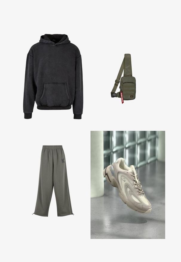 Zwarte hoodie gemaakt van een zachte katoenmix. Voorzien van een zak aan de voorkant, geribbelde manchetten en zoom. Casual, losse pasvorm.; Karl Kani KK OS SIDESTRIPE - Broek - grey; Lichtbeige sneaker met een gestroomlijnd ontwerp, textuurlagen, een gevoerde zool en een doorzichtige sectie aan de zijkant.; Olijfgroene schoudertas met een textuurstof oppervlak, een ritssluiting aan de voorkant en een rood merklabel. Verstelbare riem voor comfort.