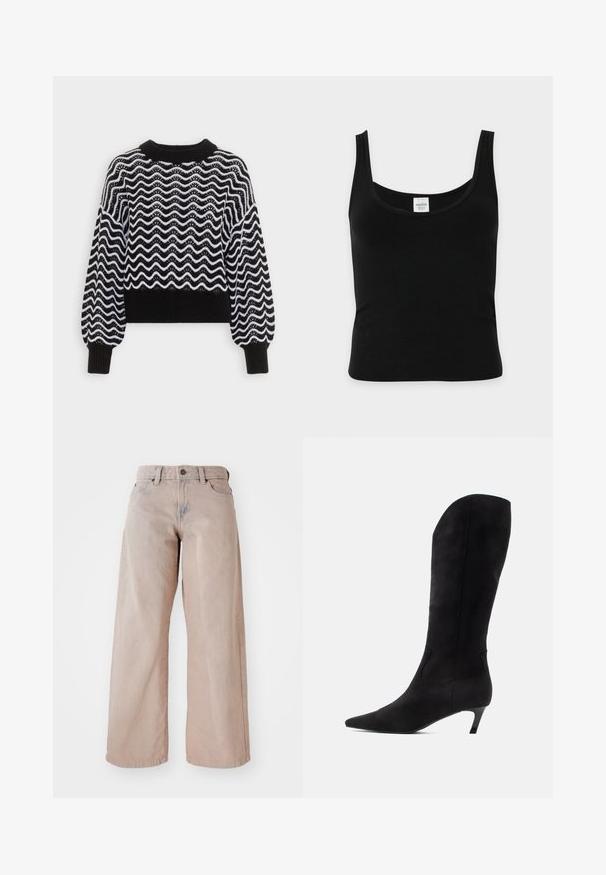 Suéter recortado en blanco y negro con un patrón de zigzag, cuello y puños acanalados, textura suave y mangas abullonadas.; Camiseta de tirantes negra para mujer con escote redondeado, mostrada plana sobre un fondo blanco.; Jeans amplios beige con una cintura alta, diseño de cinco bolsillos y cierre de botón. La tela tiene una textura suave y un ligero desvanecimiento en la parte frontal.; Bota alta hasta la rodilla de ante negro con punta puntiaguda y tacón bajo. Textura suave, diseño elegante, con abertura curva en la parte superior y en los laterales.