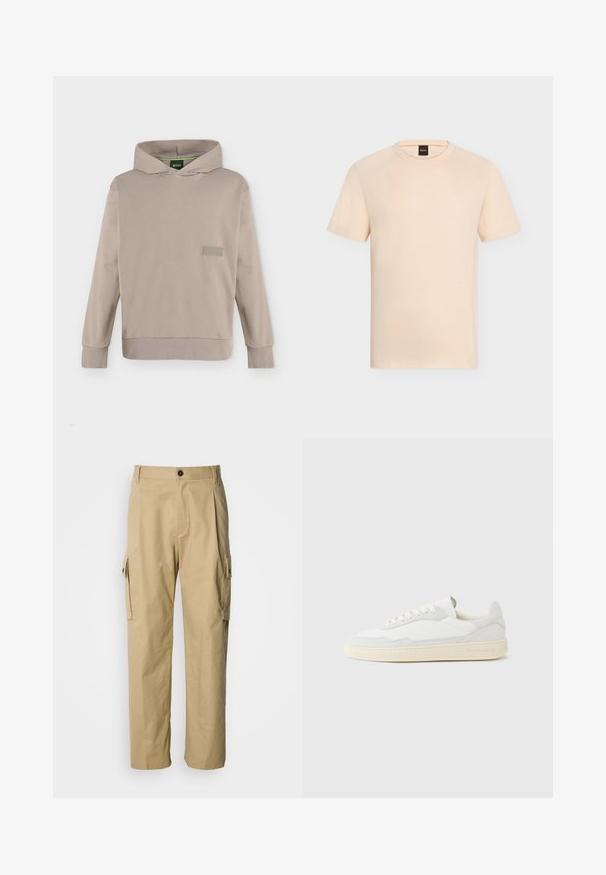 Sweat à capuche beige à manches longues avec une poche avant et un logo discret BOSS sur la poitrine, présenté sur un fond uni.; T-shirt beige manches courtes à col rond avec un logo « BOSS » discret sur la poitrine et une étiquette noire à l’intérieur de l’encolure.; Pantalon cargo beige en tissu résistant, avec une coupe décontractée, des poches latérales et une fermeture par bouton à la taille.; Baskets blanches avec dessus en daim et cuir texturé. Caractérisées par un bout arrondi, une fermeture à lacets et une semelle en caoutchouc beige contrastante.