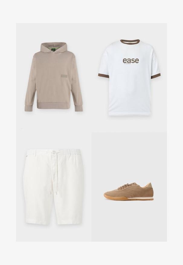 Sweat à capuche beige à manches longues avec une poche avant et un logo discret BOSS sur la poitrine, présenté sur un fond uni.; T-shirt en coton blanc avec col et manchettes marron. Présente le mot « ease » imprimé en marron, avec « lo-fi summer life » en dessous.; Shorts blancs arrivant aux genoux avec taille élastique et cordon de serrage à l'avant, devant plat et passants pour ceinture.; Baskets en cuir suédé marron clair avec une semelle en caoutchouc, un capuchon à l'arrière du talon, des lacets plats et des détails latéraux texturés. Conçues avec un profil bas et un bout arrondi.