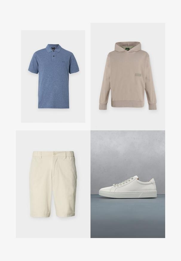 Sweat à capuche beige à manches longues avec une poche avant et un logo discret BOSS sur la poitrine, présenté sur un fond uni.; Polo bleu à manches courtes avec deux boutons, un col et un petit logo "BOSS" brodé sur le côté gauche de la poitrine.; Shorts beige mi-longueur avec fermeture à bouton, bandes élastiques latérales à la taille, passants pour ceinture et poches latérales sur fond uni.; Baskets en cuir blanc avec un bout arrondi, design minimaliste, lacets gris et semelle en caoutchouc gris texturé. Détails de couture subtils visibles.