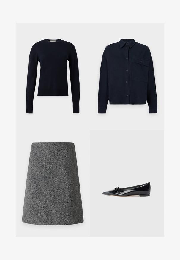 Sort langærmet crew neck sweater med ribbet manchetter og kant, vist på en ensartet lysegrå baggrund.; Mørkeblå knap-bluse med krave, lange ærmer, frontlomme og en glat tekstur. Har fem knapper ned ad fronten.; Grå fiskebensmønster nederdel med en udvidet A-linjeform, lavet af tekstureret stof. Har en ren talje og ingen synlige detaljer eller pynt.; Sorte patentlæder flade sko med spids tå, lille dekorativ rem og lav blokhæl. Glat tekstur og strømlinet design.
