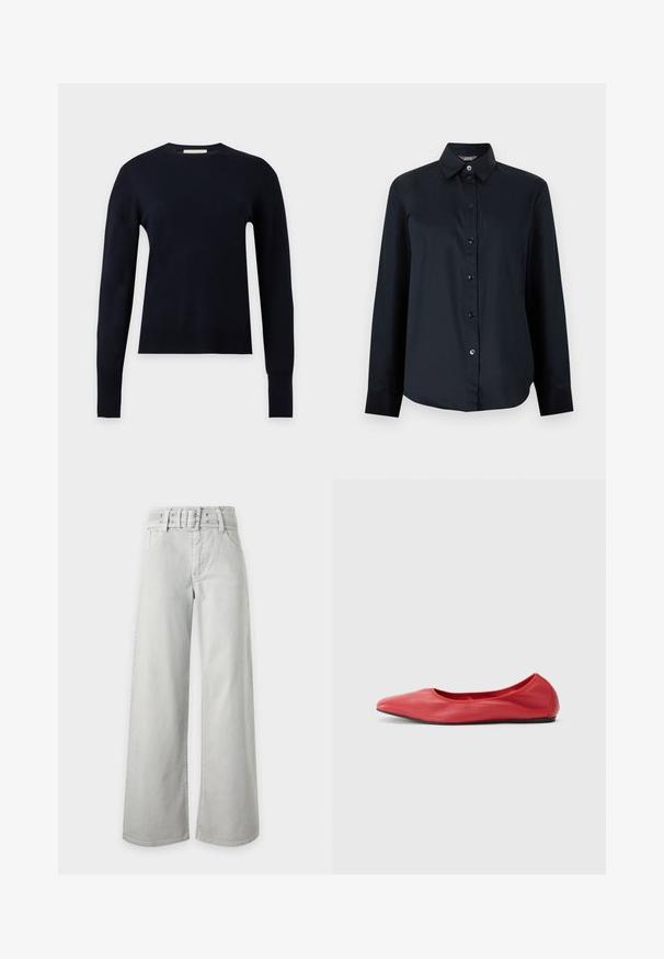 Pull noir à manches longues col rond avec poignets et ourlet côtelés, présenté sur un fond gris clair uni.; Chemise noire à manches longues avec boutons, col pointu et ourlet légèrement arrondi, présentée sur un fond gris clair uni.; Jean gris clair taille haute à jambes larges, avec poches avant, passants de ceinture et ceinture en tissu assortie avec boucle.; Filippa K REY FLATS - Ballerines - bright red