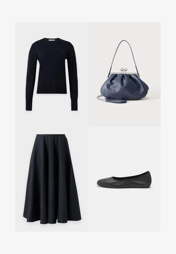 Pull noir à manches longues col rond avec poignets et ourlet côtelés, présenté sur un fond gris clair uni.; Jupe noire en ligne A, fabriquée en tissu texturé, présentant un motif à rayures. La conception a une taille ajustée et un ourlet évasé, offrant une silhouette structurée.; Ballerines en cuir noir avec un bout rond, texture lisse, détails de couture minimalistes et design de semelle flexible.; Sac à main en cuir bleu marine doux avec fermeture à boucle argentée, une seule bandoulière, et une chaîne de poignet amovible sur fond blanc.