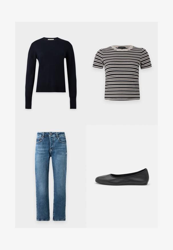 Sort langærmet crew neck sweater med ribbet manchetter og kant, vist på en ensartet lysegrå baggrund.; Sort og hvidt vandretstribet kortærmet ribstrikket top med rund halsudskæring og en slank pasform.; Herre blå denim jeans med lige pasform, fem lommer og knaplukning. Har let falmning og syet detaljer.; Sort læderballetsko med rund tå, glat tekstur, minimal syning og et fleksibelt såldesign.