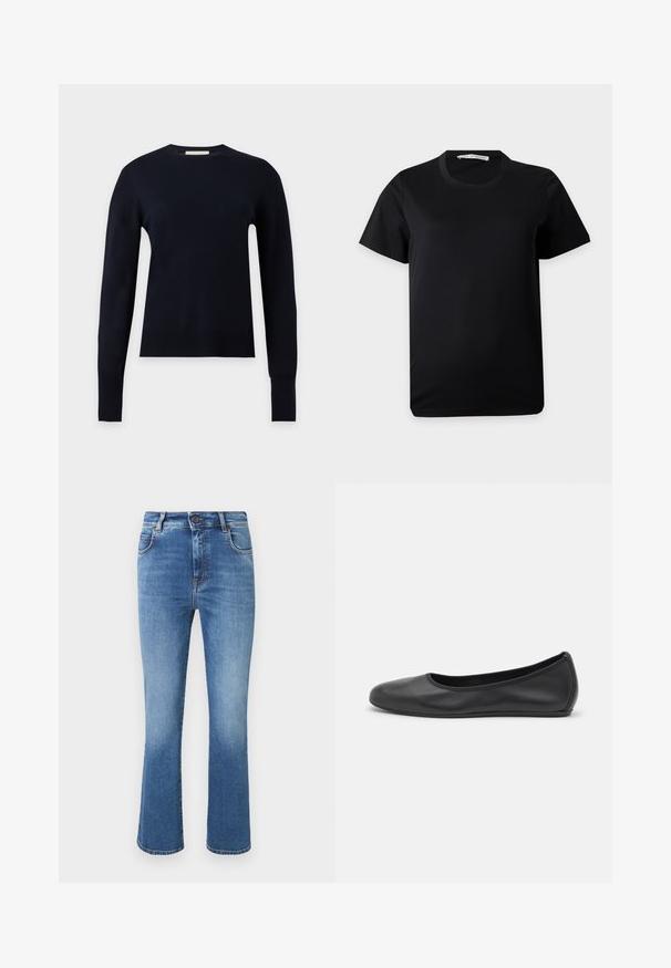 Pull noir à manches longues col rond avec poignets et ourlet côtelés, présenté sur un fond gris clair uni.; T-shirt noir uni à manches courtes et col rond, posé à plat sur un fond blanc avec une étiquette de marque visible à l'intérieur du col.; Jean en denim bleu taille haute avec jambes légèrement évasées, cinq poches, fermeture par bouton et décoloration subtile sur le devant.; Ballerines en cuir noir avec un bout rond, texture lisse, détails de couture minimalistes et design de semelle flexible.