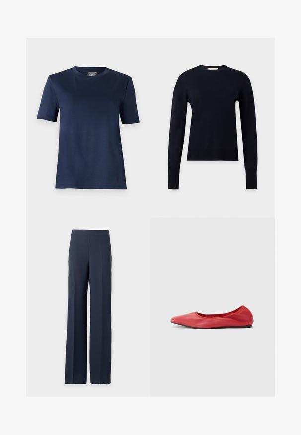 Pull noir à manches longues col rond avec poignets et ourlet côtelés, présenté sur un fond gris clair uni.; T-shirt bleu marine à manches courtes, col rond, ourlet droit et texture de tissu lisse, présenté sur un fond uni.; Pantalon large bleu marine à taille haute avec un devant épuré, présenté sur un fond gris clair uni.; Filippa K REY FLATS - Ballerines - bright red
