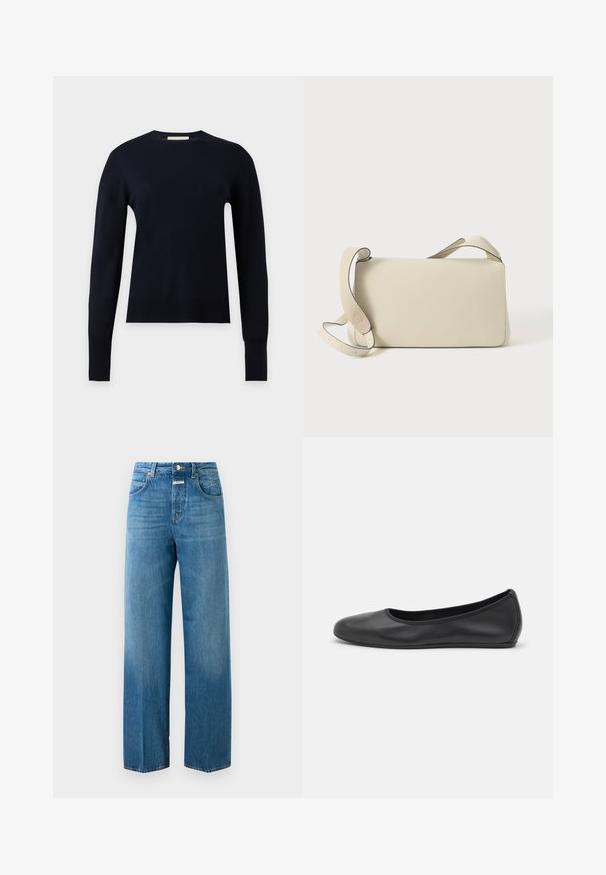 Sort langærmet crew neck sweater med ribbet manchetter og kant, vist på en ensartet lysegrå baggrund.; Højtaljede lige ben blå denim jeans med for- og baglommer, knaplukning og bæltestropper på en hvid baggrund.; Sort læderballetsko med rund tå, glat tekstur, minimal syning og et fleksibelt såldesign.; Cremefarvet læder skuldertaske med justerbar rem og klaplukning, sat mod en ensfarvet hvid baggrund.