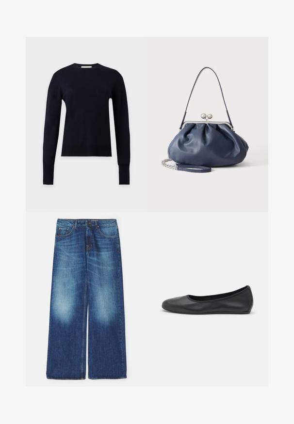 Must musta pikkade varrukatega ümmarguse kaelusega kampsun, millel on soonilised mansetid ja alumine serv, esitatud tavalise helehall taustal.; Laiad sinised denim püksid, millel on kulunud viimistlus, klassikalise viie tasku disain ja esine nupuga sulgemine. Kergelt kulunud tekstuur.; Musthave mustika tantsutossud mustast nahast, ümmarguse varbaga, siledast tekstuurist, minimaalse õmblusdetailiga ja paindliku tallakujundusega.; Pehme tumesinine nahast käekott hõbedase klambriga, ühe õlarihmaga ja eemaldatava ketiga randmerihmaga valgel taustal.