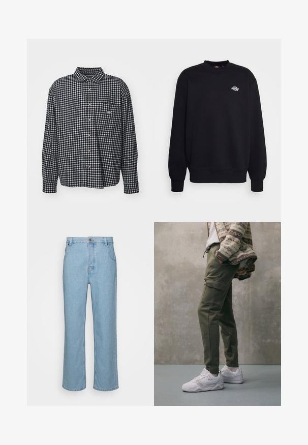 Čierna mikina zo zmesi bavlny, s okrúhlym výstrihom, dlhými rukávmi a malým bielym logom na hrudi. Jednoduchý, nezdobený dizajn.; Obey Clothing BIGWIG BARRY - Košeľa - black; Svetlomodré riflové nohavice so striktným strihom, s klasickým zapínaním na gombík, pútka na opasok a dvoma prednými vreckami.; Olivové cargo nohavice s elastickým pásom, so bočnými vreckami a detaily šitia, doplnené o biele tenisky FILA.