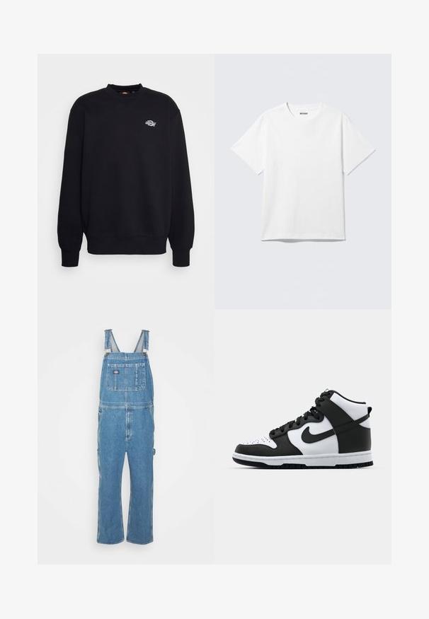 Schwarzer Sweatshirt aus Baumwollmischung, mit Rundhalsausschnitt, langen Ärmeln und einem kleinen weißen Logo auf der Brust. Einfaches, schmuckloses Design.; Weißes T-Shirt mit kurzen Ärmeln und Rundhalsausschnitt, flach liegend, schlichtes Design, mit „WEEKDAY“-Etikett innen im Kragen auf hellem Hintergrund.; Jeanslatzhosen in Hellblau mit verstellbaren Trägern, einer Vorderasche und Seitentaschen. Lockere Passform mit geraden Beinen, aus Baumwollstoff gefertigt.; Schwarz-weißer High-Top-Sneaker mit Lederobermaterial, perforiertem Zehenbereich, auffälligem Swoosh-Logo und strukturiertem Gummisohle.