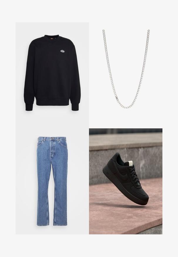 Sort sweatshirt lavet af bomuldsblanding, med rund hals, lange ærmer og et lille hvidt logo på brystet. Simpelt, udekoreret design.; Blå denimjeans med lige pasform, fem lomme-design, bæltestropper og knaplukning. Stoffet har en blød, struktureret finish.; Sort Nike Air Force 1 sneaker, der svæver over en lyserød betonforkant med en grå stenet baggrund, som viser sidde- og topdetaljer.; Sølv kædedesign med sammenkoblede led, glat tekstur og ensartet rektangulær form. Sikker lukning.
