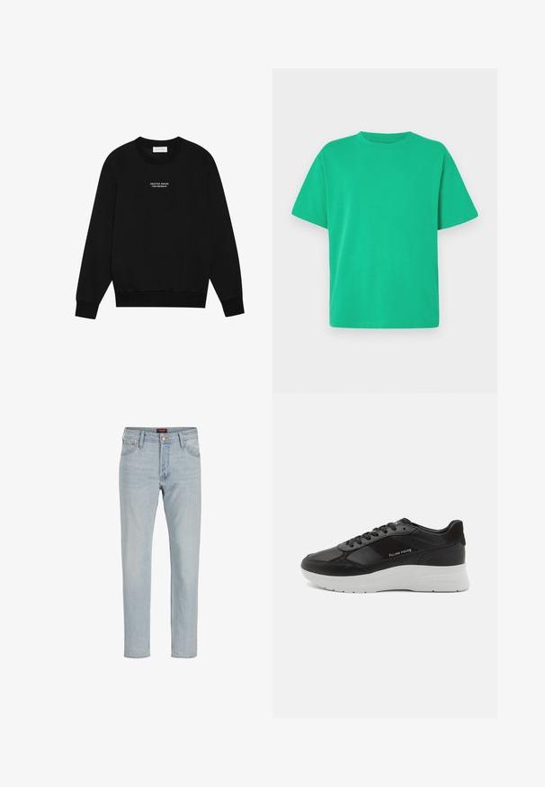 Pier One Sweatshirt - black; Grøn kortærmet t-shirt lavet af blødt stof; har rund hals og afslappet pasform; glat tekstur uden mønstre eller accenter.; Lysblå denim jeans med lige snit, fem-lommet design, knaplukning og let slidt tekstur.; Sort læder sneaker med ruskindsdetaljer, rund tå, hvid gummisål og syet udsmykning. Logo trykt på siden. Klassisk snørebåndsdesign.