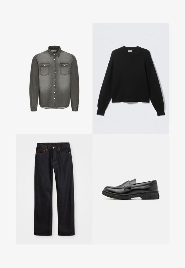 Sort strikket sweater med rund halsudskæring, sænkede skuldersømme samt ribbede manchetter og kant. Enkel og ensfarvet design uden mønstre.; Grå denimskjorte med button-down krave, lange ærmer, to brystlommer og sølvhardware detaljer. Aftagende gradient design.; Mænds lige ben sorte denim jeans med fem lommer og orange syninger, knap- og lynlåslukning foran på taljen.; Sort læder loafersko med en bred rem over forfoden, gummisål med tykke mønstre og glat overflade. Klassisk, slankt design.