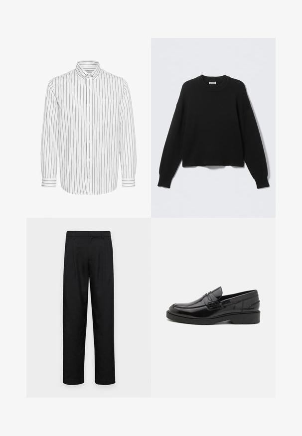 Pull noir tricoté avec un col rond, des coutures tombantes aux épaules, et des poignets et ourlet côtelés. Design simple et uni, sans motifs.; Chemise blanche à manches longues avec des rayures verticales noires, col à bouton, poche poitrine unique et poignets rayés contrastants.; Pantalons noirs en tissu lisse, avec une coupe droite, deux plis avant et une taille standard avec passants de ceinture.; Mocassins en cuir noir avec une finition lisse, un bout rond, un petit talon et descoutures décoratives à l'avant. Semelle en caoutchouc pour l'adhérence.