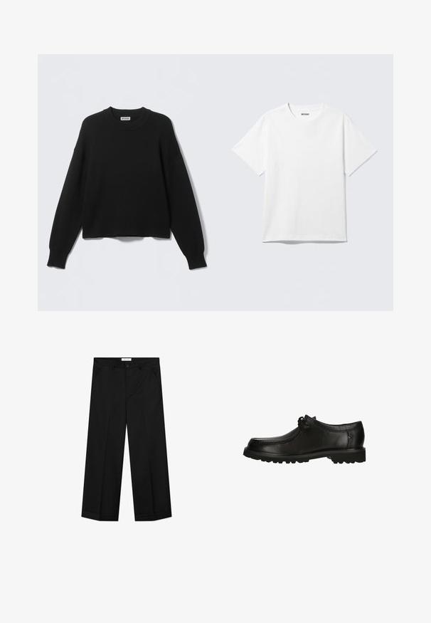 Sort strikket sweater med rund halsudskæring, sænkede skuldersømme samt ribbede manchetter og kant. Enkel og ensfarvet design uden mønstre.; Hvid kortærmet crewneck T-shirt lagt fladt ud, ensfarvet design, med "WEEKDAY" mærkat inde i kraven på en lys baggrund.; Sorte bukser med vide ben lavet af et glat materiale, med forlommer, knaplåsning og en presset rille ned langs hvert ben.; Sorte lædersko med rund tå, snøredetaljer og en tekstureret sål med godt greb. Den glatte finish forbedrer det samlede design.