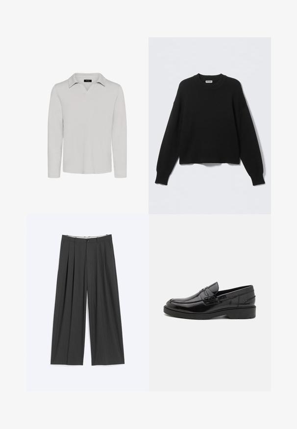 Jersey negro de punto con cuello redondo, costuras de hombros caídos y puños y dobladillo acanalados. Diseño sencillo y sólido, sin estampados.; Matinique MAV - Polo - lunar rock; Pantalones de pierna ancha gris oscuro con finas rayas, pinzas delanteras, trabillas para cinturón y cierre con botón, extendidos sobre un fondo claro.; Mocasines de cuero negro con un acabado suave, punta redondeada, tacón bajo y costura decorativa en la parte delantera. Suela de goma para mayor agarre.