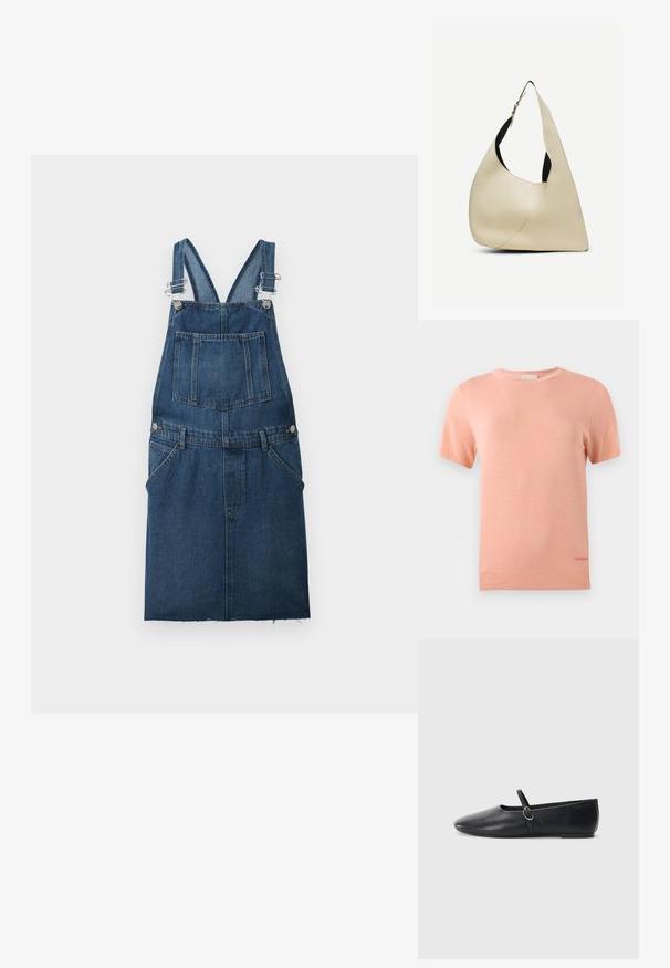 Svetloružový pletený tričko s krátkym rukávom, okrúhlym výstrihom a rebrovaným lemom. Obsahuje malé logo Calvin Klein na dolnom okraji.; Džínová overalová šaty v tmavomodrej farbe so štvorcovou prednou vreckom, nastaviteľnými popruhmi a roztrhnutým lemom. Obsahuje bočné vrecká a strieborné kovanie.; Čierne kožené baletky s špicatou špičkou, plochou podrážkou a malým remienkom so striebornou prackou.; Krémovo sfarbená hladká kožená kabelka na rameno s oblým trojuholníkovým tvarom a nastaviteľným remienkom so striebornou prackou.