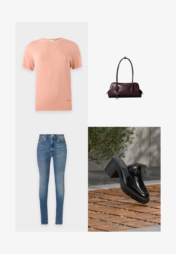 Lichtroze gebreide T-shirt met korte mouwen, een ronde halslijn en ribgebreide zoom. Kenmerkt zich door een klein Calvin Klein-logo aan de onderrand.; Hoge taille skinny jeans in lichtblauwe denim, met vijf zakken, riemlussen en een rits met knoopsluiting.; Zwarte leren Calvin Klein slip-on mule met blokhak rustend op houten tegels buiten, vlak bij een groene plant en een grijze muur.; Donkerbruine leren Calvin Klein handtas met lange dubbele handvatten en een kleine logo-sierhanger die aan één handvat hangt.