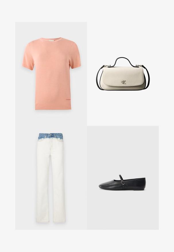 Vaaleanpunainen neulottu lyhythihainen T-paita, jossa on pyöreä pääntie ja ribatty helma. Paitassa on pieni Calvin Klein -logo alaosassa.; Vaatteet leveät farkut valkoisella vartalolla ja sinisen gradienttivöiden denimillä, joissa on vetoketjukiinnitys, viisi taskua ja hienovaraiset ompeluyksityiskohdat.; Mustat nahkakengät, joissa on kärki terävä, litteä pohja ja pieni hihna, jossa on hopeinen solki.; Kermanvärinen suorakaiteenmuotoinen käsilaukku mustalla hihnalla ja kahvalla, etutaskun läpällä ja pienellä hopeisella "cK"-logolla etukeskellä.