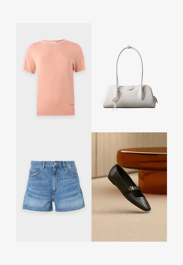 Helles, rosa, gestricktes T-Shirt mit kurzen Ärmeln, rundem Ausschnitt und geripptem Saum. Verfügt über ein kleines Calvin Klein-Logo am unteren Rand.; Helle blaue Jeansshorts mit hoher Taille, fünf Taschen und rohem Saum. Mit einem Metallknopf und Kontrastnähten an den Nähten.; Schwarzer flacher Lederschuh mit spitzer Kappe und goldenem CK-Logo auf dem Riemen, auf beigem Teppich neben einem runden bernsteinbraunen Tisch platziert.; Weiße Calvin Klein Schultertasche mit langen Griffen, rechteckiger Form, Reißverschluss und dekorativem Logo-Anhänger, der in der Nähe des Griffs hängt.