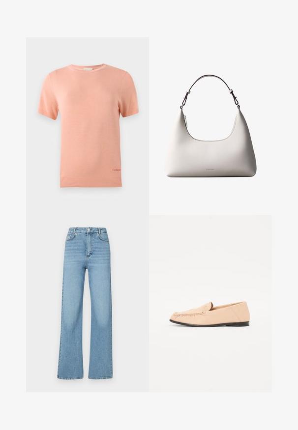 Svetloružový pletený tričko s krátkym rukávom, okrúhlym výstrihom a rebrovaným lemom. Obsahuje malé logo Calvin Klein na dolnom okraji.; Svetlomodré široké džínsy vyrobené z denimu. Majú päť vreciek, predné zapínanie na gombík a čistý, neošúchaný dizajn.; Béžové kožené mokasíny s vyšívaním, plochou čiernou podrážkou a zaoblenou špičkou. Minimalistický dizajn bez výrazného hardvéru alebo akcentov.; Krémová kožená kabelka Calvin Klein cez rameno s oblým horným okrajom, strieborným zipsom a tmavo hnedým nastaviteľným remienkom.