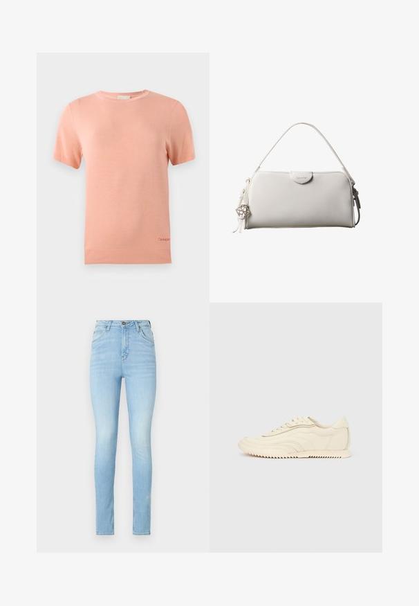 Svetloružový pletený tričko s krátkym rukávom, okrúhlym výstrihom a rebrovaným lemom. Obsahuje malé logo Calvin Klein na dolnom okraji.; Svetlomodré úzke džiny s vysokým pásom, vyrobené z denimu s hladkou textúrou. Obsahujú vyblednutie a tradičný dizajn s piatimi vreckami.; Nízke krémové tenisky s vlnovitým prešívaním, šnurovaním a rebrovanou podrážkou, zobrazené z boku na jednoduchom pozadí.; Biela obdĺžniková kabelka Calvin Klein s jedným rúčikom, minimalistickým dizajnom a dekoratívnymi strapcami s geometrickým kovovým príveskom na boku.