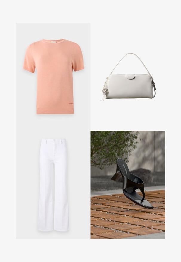 Lyserød strikket T-shirt med korte ærmer, rund halsudskæring og ribkant. Har et lille Calvin Klein-logo på den nederste kant.; Hvide flared jeans lavet af denim, med høj talje, forlommer og knaplukning. Glat tekstur og rene linjer.; Sort Calvin Klein hæl-sandal med åben tå, der svæver over en udendørs flisebelagt overflade med grønne planter og en betonvæg i baggrunden.; Hvid rektangulær Calvin Klein håndtaske med enkelt håndtag, minimalistisk design og dekorative kvaster med geometrisk metalvedhæng på siden.