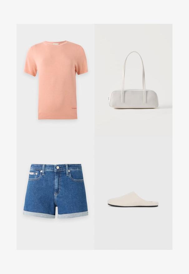 Lyserød strikket T-shirt med korte ærmer, rund halsudskæring og ribkant. Har et lille Calvin Klein-logo på den nederste kant.; Mørkeblå denimshorts med omviklede nederkanter. Har en knaplukning og forlommer. Glat struktur med diskrete syninger.; Tan slip-on hjemmefutter med en blød, struktureret stofoverdel, flad sål og rund tå. Minimalistisk design uden synlige metaldele.; Hvid rektangulær skuldertaske med lange tynde stropper, minimal syning og lynlåslukning på en ensfarvet baggrund.