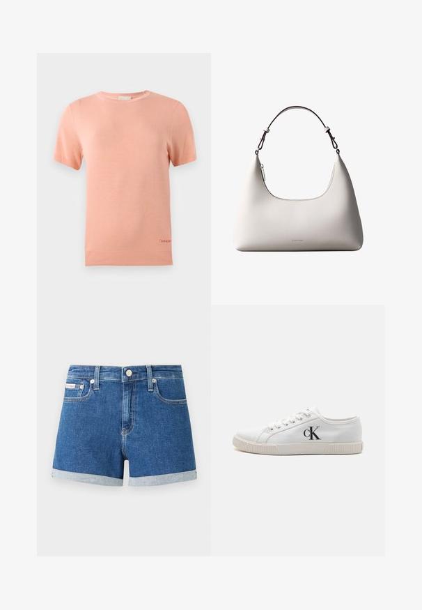 Helles, rosa, gestricktes T-Shirt mit kurzen Ärmeln, rundem Ausschnitt und geripptem Saum. Verfügt über ein kleines Calvin Klein-Logo am unteren Rand.; Dunkelblaue Jeansshorts mit umgeschlagenen Säumen. Verfügt über einen Knopfverschluss und Fronttaschen. Glatte Textur mit dezenten Steppdetails.; Weiße Canvas-Sneaker mit niedrigem Design, ausgestattet mit einer Gummisohle und einem schwarzen "CK"-Logo an der Seite. Sechs Ösen mit weißen Schnürsenkeln.; Cremefarbene Calvin Klein Lederschultertasche mit gebogener Oberkante, silbernem Reißverschluss und dunkelbraunem verstellbarem Riemen.