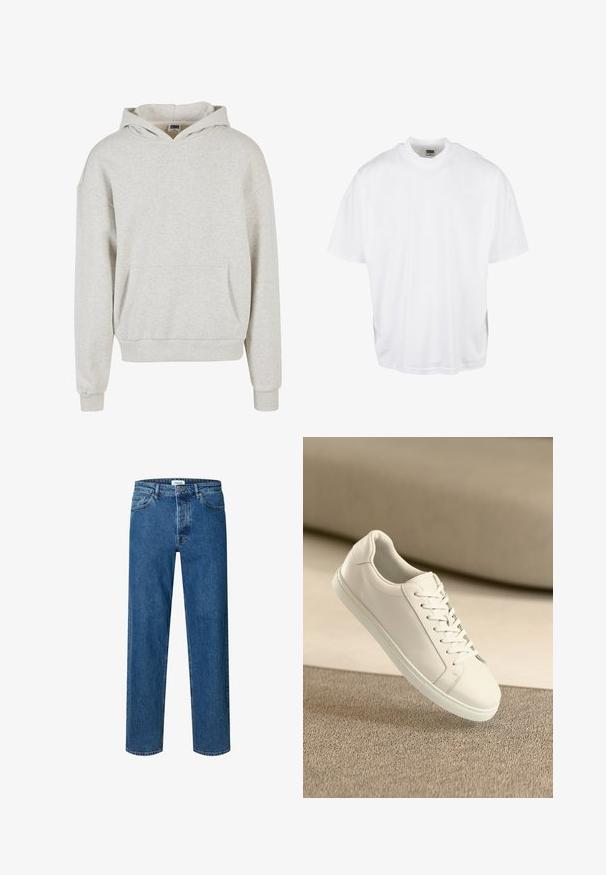 Sudadera gris clara hecha de tela suave. Cuenta con un bolsillo frontal, una capucha con cordón y puños y dobladillo acanalados para un ajuste relajado.; Camiseta de algodón blanca con un corte relajado, mangas cortas y cuello redondo, que presenta un dobladillo recto y sin gráficos ni patrones visibles.; Vaqueros azul de corte recto con cierre de botón y cremallera, trabillas para el cinturón y diseño de cinco bolsillos.; Zapatilla de cuero blanca con cordones blancos, exhibida sobre una superficie texturizada beige y un suave fondo desenfocado.