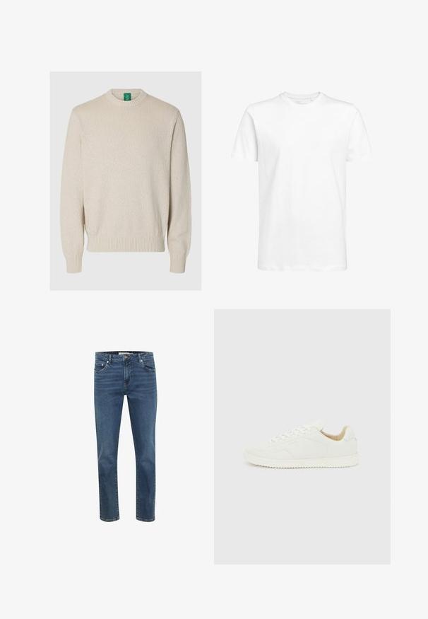 Cremefarbener, strukturierter Strickpullover mit Rundhalsausschnitt, langen Ärmeln sowie gerippten Bündchen und Saum, auf einfarbigem Hintergrund dargestellt.; Weißes kurzärmeliges T-Shirt aus Baumwolle mit rundem Ausschnitt und normaler Passform. Schlichtes Design, keine Muster oder sichtbaren Akzente.; Dunkelblaue Jeans aus Denim mit geradem Schnitt, fünf Taschen und kontrastierenden Nähten. Verfügbar mit einem Reißverschluss und einem Metallknopf am Bund.; Weißer Sneaker aus Leder mit niedriger Schnittform, weißen Schnürsenkeln und strukturierter Sohle, von der Außenseite auf einem hellgrauen Hintergrund dargestellt.