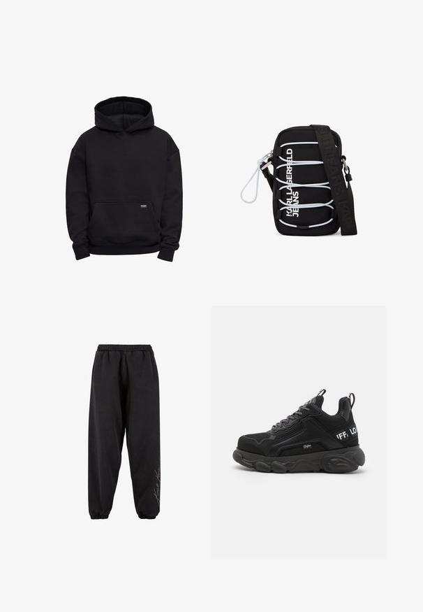 Sudadera negra con capucha, bolsillo tipo canguro en la parte frontal y puños y bajo acanalados, mostrada sobre un fondo blanco liso.; Pantalones de chándal negros hechos de una tela suave con una cintura elástica. Tobillos entallados y detalle de texto impreso en un lado. Corte casual y relajado.; Zapatillas negras con suela gruesa, parte superior de malla y ante, diseño de cordones y acentos de logo. Detalles texturizados en los lados y la parte posterior.; Bolso negro de bandolera con cordones elásticos blancos, herrajes plateados y texto "KARL LAGERFELD JEANS" en blanco en el frente, con una correa ancha negra.