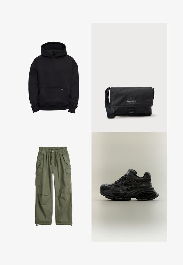 Sort hoodie med kængurulomme foran og ribbede manchetter og kant, vist på en ensfarvet hvid baggrund.; Olivenfarvede cargo-bukser med elastisk talje, snor, flere sidelommer og tætsiddende ankler. Fremstillet af holdbart bomuldsstof.; Sort chunky sneaker med tekstureret design, tyk sål og snørelukning vist mod en almindelig neutral baggrund.; Sort messenger-taske lavet af holdbart stof med klaplukning, frontspænde og Calvin Klein-logo i sølv. Justerbar rem inkluderet.