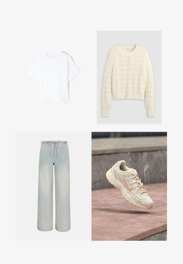 Flødefarvet strikket sweater med et struktureret, indviklet hulmønster samt ribbet kant ved ærmer og bund.; Enkelt hvid bomulds T-shirt med korte ærmer og rund hals, vist fladt på en hvid baggrund.; Lyseblå vidde jeansbukser med elastisk talje og snøre, forfra set mod ensfarvet baggrund.; Cremefarvet og ferskenfarvet Nike-sneaker med tekstureret sål og snørebånd, fanget i luften over en stenet overflade og med en betonbaggrund.
